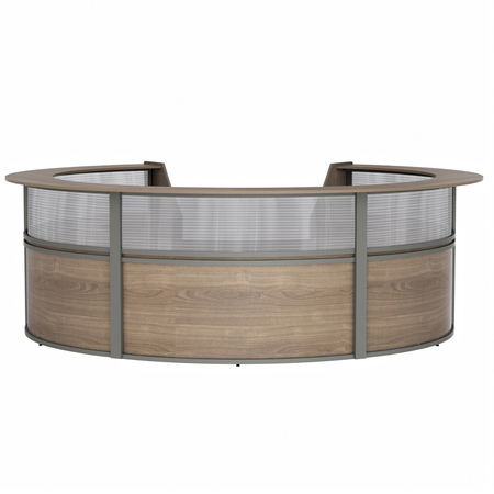 LINEA ITALIA Reception Desk, 11.1 ft D, 11.8 ft W, 46 in H, Clear, Walnut, Thermofused Laminate ZUI319